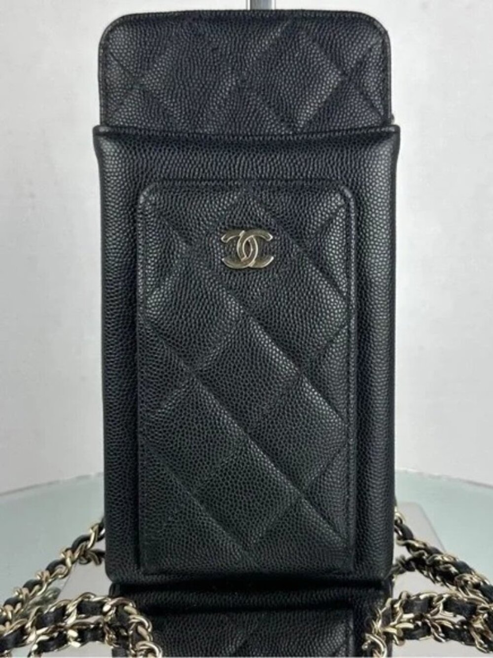 CHANEL Black Quilted Caviar Leather Phone Holder Crossbody